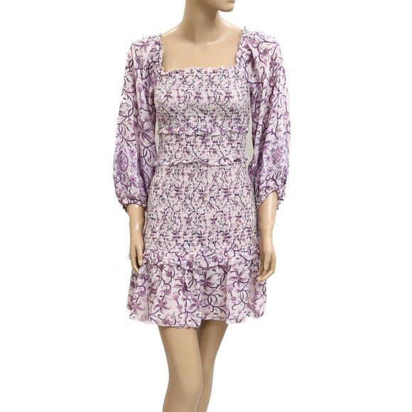Saylor Anthropologie Wynnie Mini Dress Floral Printed Ruffle Smocked XS 282066 - Picture 2 of 6